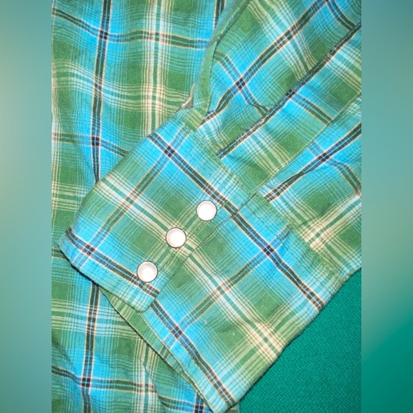 Wrangler Wrancher Pearl Snap Button Up Shirt Blue Plaid Cotton XL Vintage 90s - Picture 6 of 7